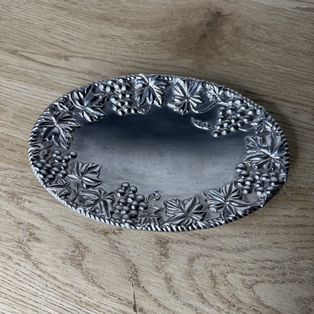 LENOX Metal Pewter Grape Weave Serving Dish Small Oval Plate Platter Leaves